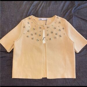 Zara Tan Embellished Short Sleeve Jacket